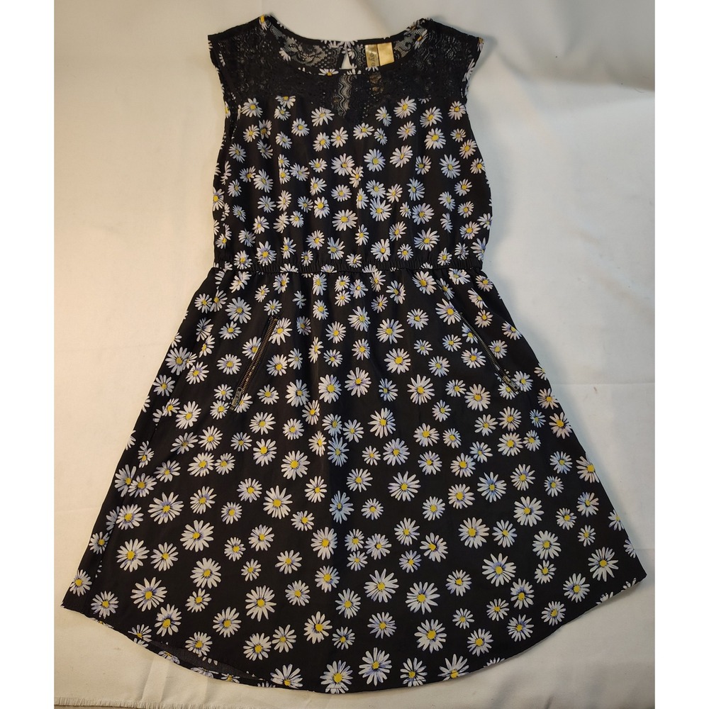 Eyeshadow Womens Daisy Floral Lace Yoke Sleeveless Dress Black Size M CZ8521PRO